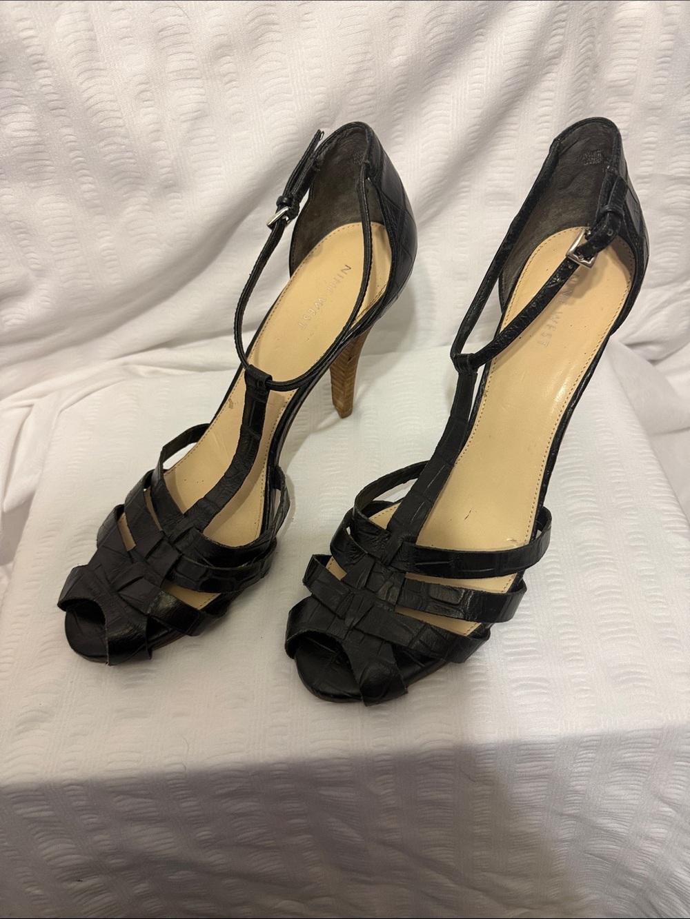 Nine West Black Woven T‑Bar High Heel Sandals